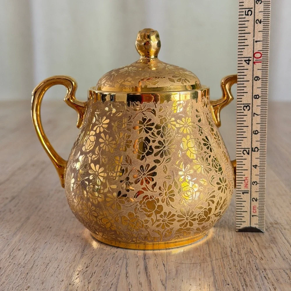 Vtg 50s Ransgil China 22K Gold Encrusted Floral Etched Creamer & Sugar Bowl Set
